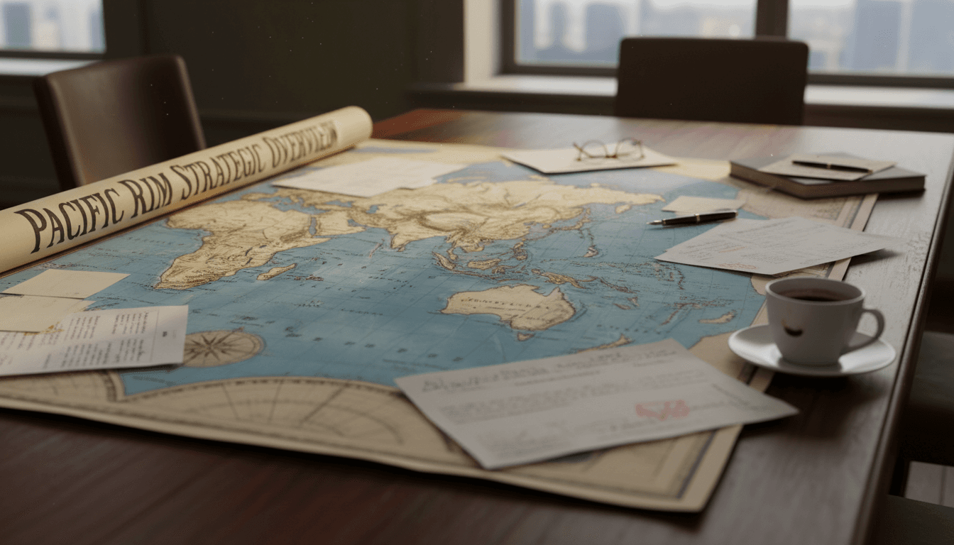 Large map of the Pacific Rim with papers and a coffee cup