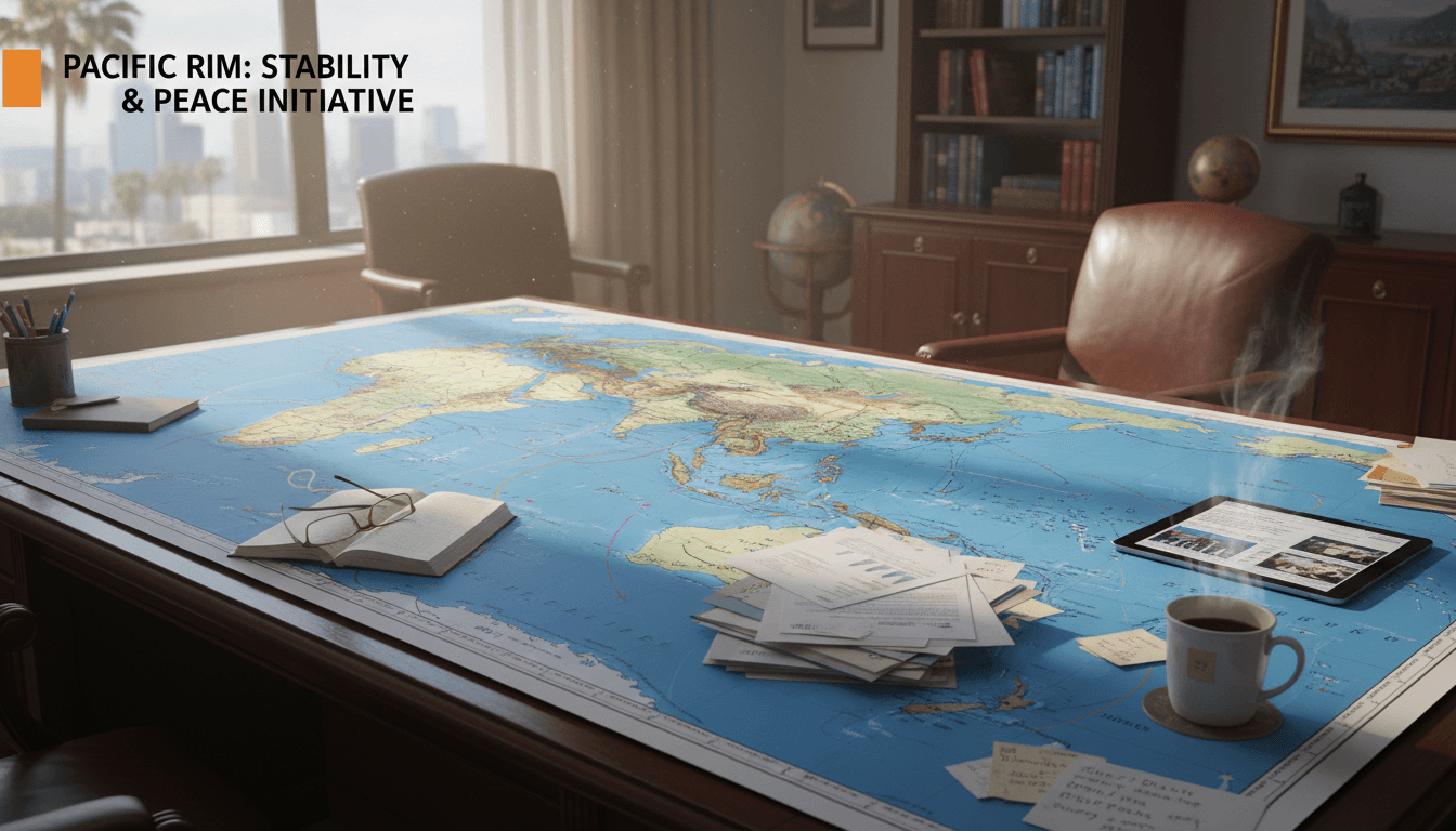 Map of the Pacific Rim on a desk with papers and a coffee cup in a bright office