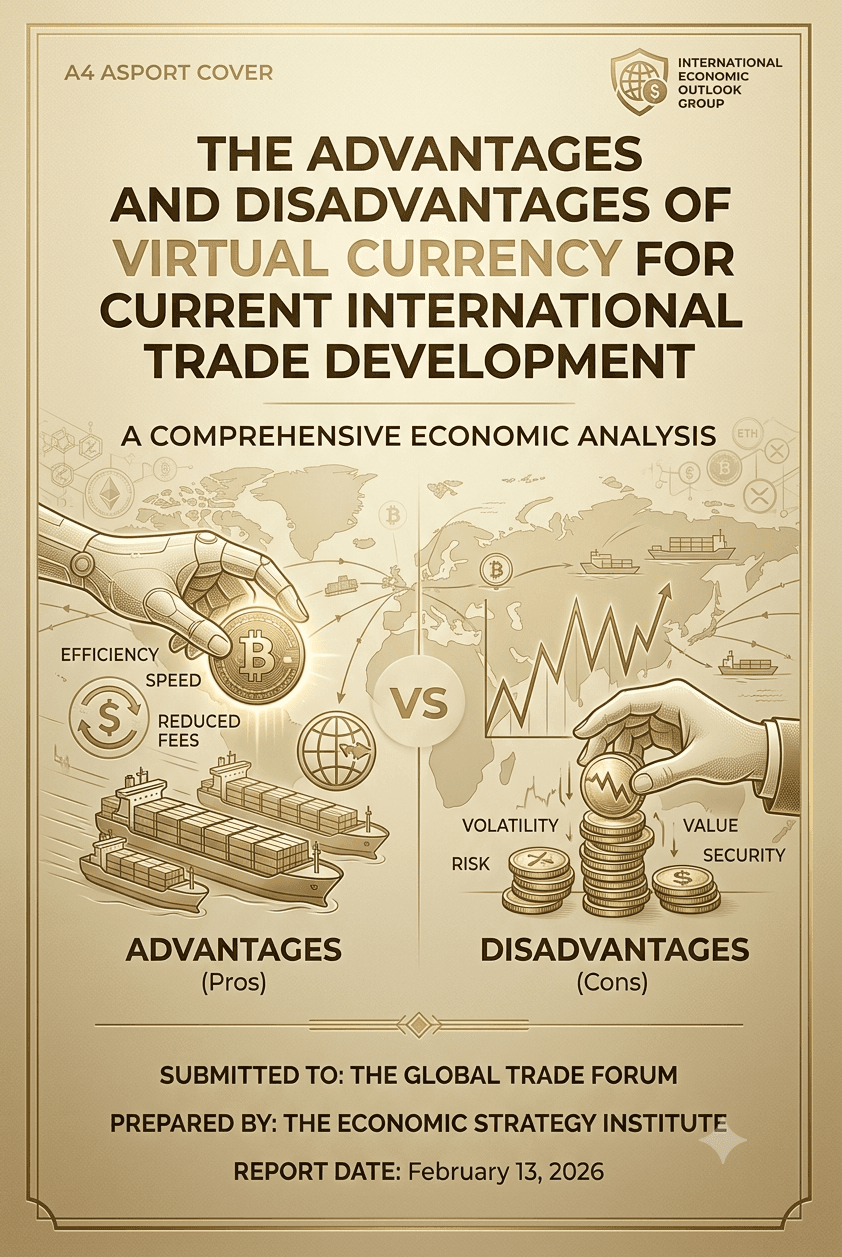 Economic report cover comparing virtual currency advantages and disadvantages for international trade with detailed illustrations.